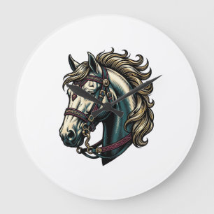 Grande Horloge Ronde Vecteur de tête de cheval de gravure vintage