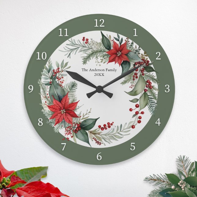 Grande Horloge Ronde Végétation de Noël avec Poinsettias rouges sur mes (A personalized winter wall clock, with red poinsettia flowers and green leaves)