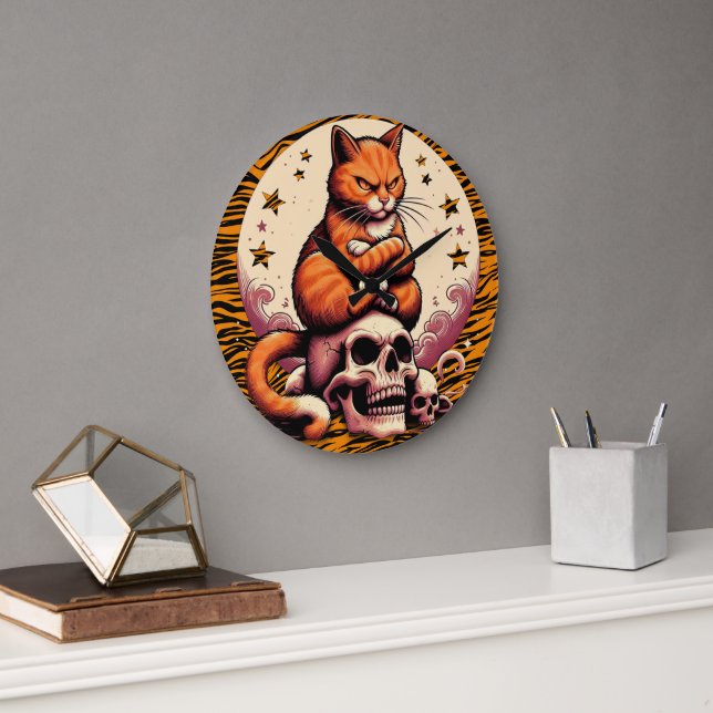 Grande Horloge Ronde Vengeful Orange Cat, Skulls and Moon (Bureau)