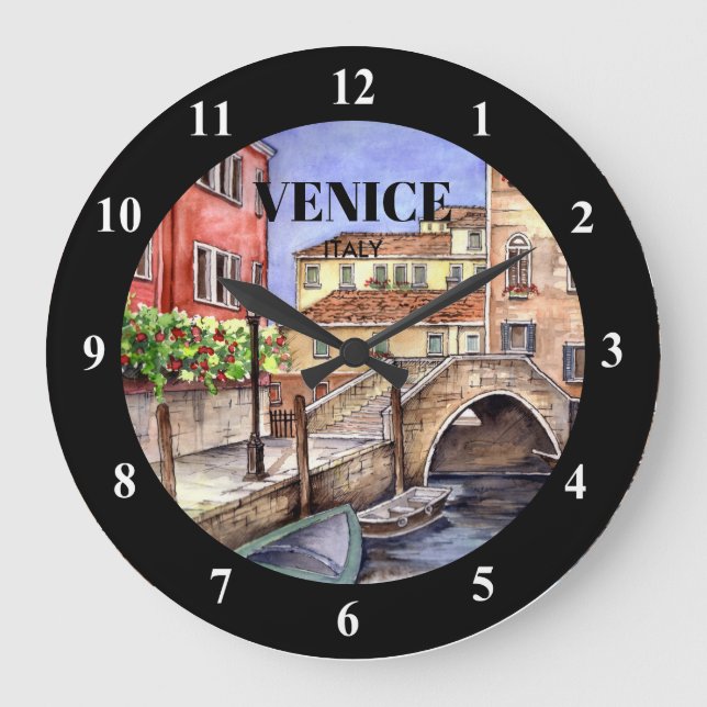 Grande Horloge Ronde Venise Italie - Stylo & Laver Aquarelle Peinture (Recto)