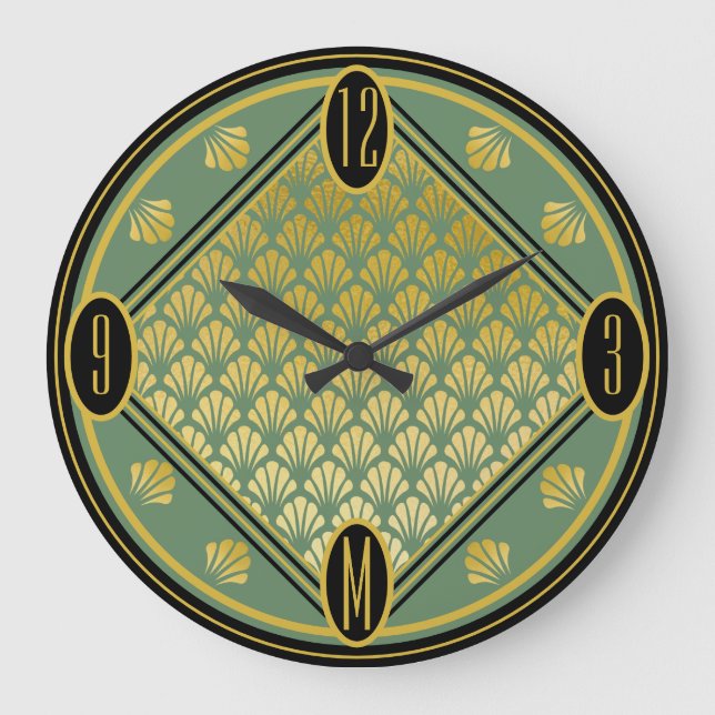 Grande Horloge Ronde Ventilateur chic vert et noir Art déco Motif Monog (Recto)