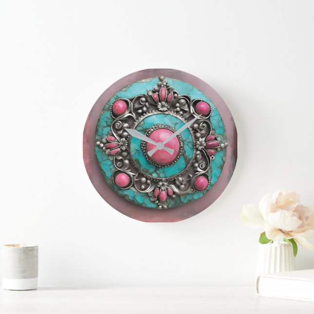 Grande Horloge Ronde Verdigris and pink pearl metal art (Maison)