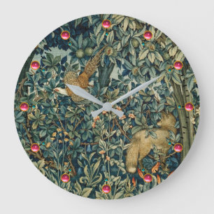 Grande Horloge Ronde VERDURE, ANIMAUX faisan, Fox, floral vert de FORÊT