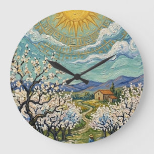 Grande Horloge Ronde Verger d'amandiers en fleurs ensoleillé de style V
