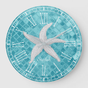 Grande Horloge Ronde Verre blanc Personailize de mer d'Aqua d'étoiles