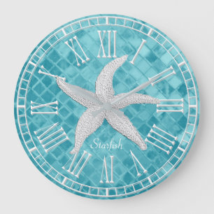 Grande Horloge Ronde Verre blanc Personailize de mer d'Aqua d'étoiles