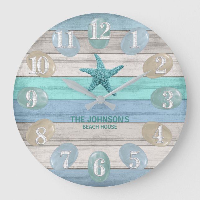 Grande Horloge Ronde Verre de mer et bois de plage Nautique - Turquoise (Recto)