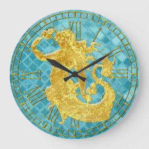 Grande Horloge Ronde Verre de mer Mermaid Aqua Vintage en or
