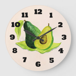 Grande Horloge Ronde Vert Avocado Fruit à vie morte en aquarelle