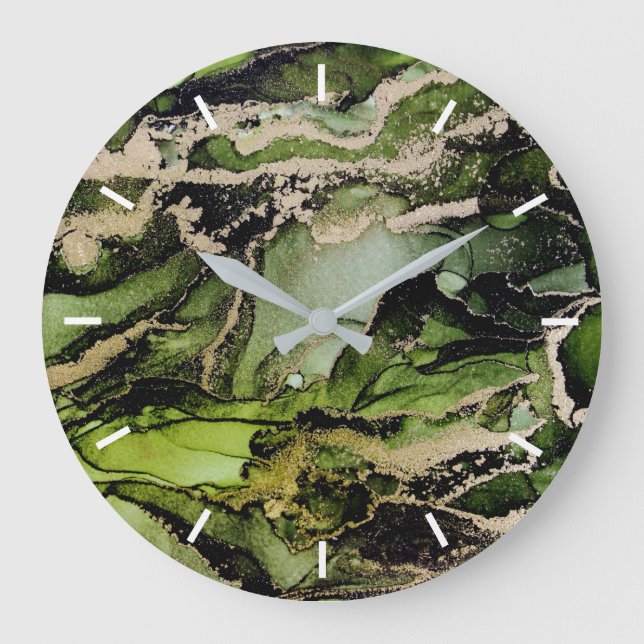 Grande Horloge Ronde Vert Black Gold Abstrait sans chiffres (Recto)