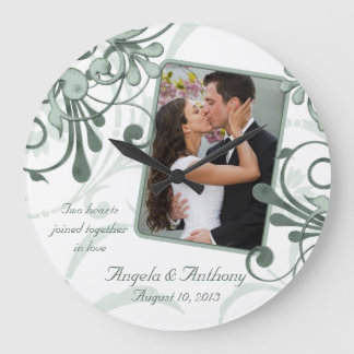 Grande Horloge Ronde Vert blanc Floral Modèle photo personnalisé