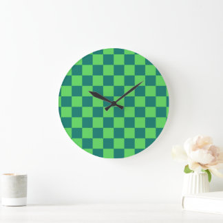 Grande Horloge Ronde Vert bleu À damiers En vichy Motif