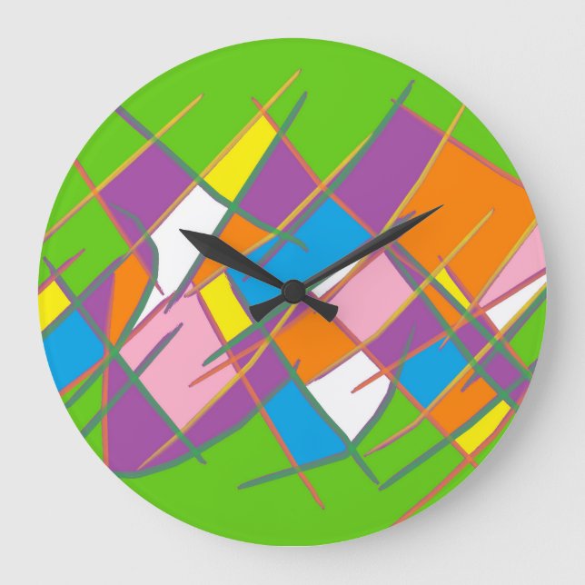 Grande Horloge Ronde Vert clair avec design jaune violet orange (Recto)