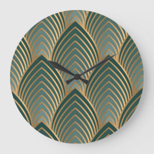 Grande Horloge Ronde Vert-doré géométrique : motif vintage sans soudure
