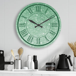 Grande Horloge Ronde Vert émeraude pailleté chiffre romain étincelant f