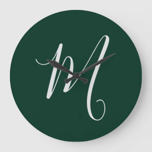 Grande Horloge Ronde Vert foncé uni élégant moderne monogramme propre n