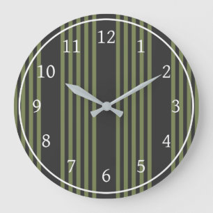 Grande Horloge Ronde Vert olive et charbon de bois cinq bandes motif