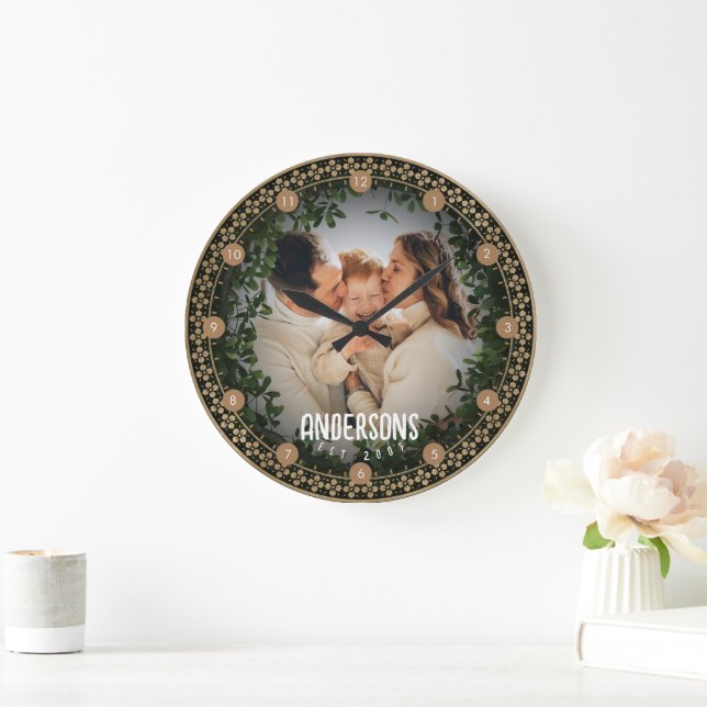 Grande Horloge Ronde Vert Ornement Floral Customisé Famille Couple L (Maison)