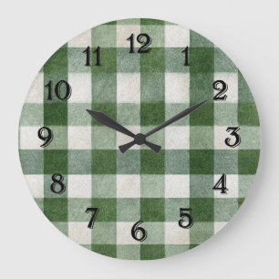 Grande Horloge Ronde Vert pays chaud crème carreaux rayures