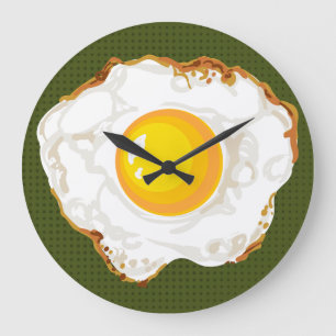 Grande Horloge Ronde Vert Retro Style Fried Egg Food Décor Cuisine