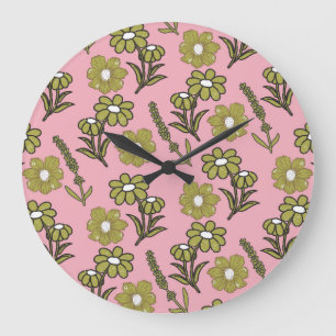 Grande Horloge Ronde Vert rose rétro Y2K Funky Hippie Flower Motif