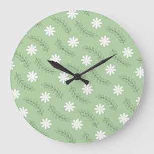 Grande Horloge Ronde Vert sauge fantaisiste floral rétro, joyeux