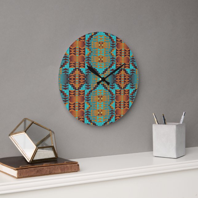 Grande Horloge Ronde Vert turquoise Turquoise Aqua Blue Orange Tribal A (Bureau)