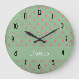 Grande Horloge Ronde Vert vintage avec le motif de pois rose