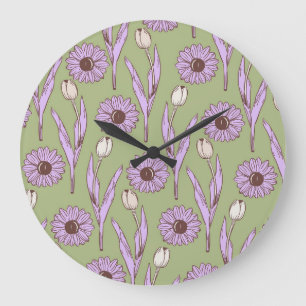 Grande Horloge Ronde Vert violet rétro Y2K Funky Hippie Flower Motif