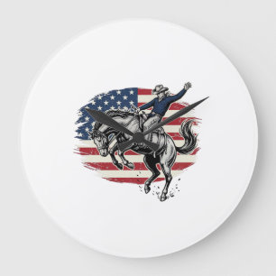 Grande Horloge Ronde Vétéran Cow-boy de Rodéo Patriotique Cavalier de C