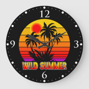 Grande Horloge Ronde Vibes sauvages rétro d'été avec design de palmiers