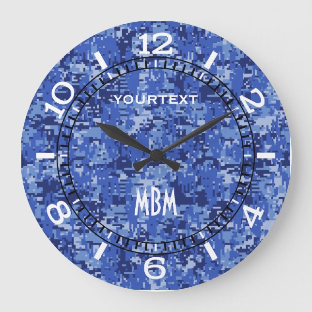 Grande Horloge Ronde Vibrant bleu Digital Camo Camouflage (Recto)