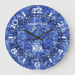 Grande Horloge Ronde Vibrant Blue Digital Camo Camouflage Cadran sur un