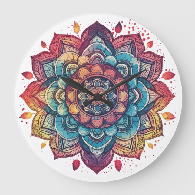 Grande Horloge Ronde Vibrant, Complet, Bohème, Mandala Art (Recto)