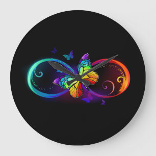 Grande Horloge Ronde Vibrant infinity with rainbow butterfly on black