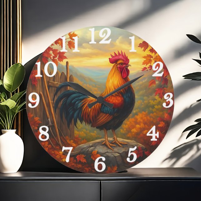 Grande Horloge Ronde Vibrant rooster in autumn farm scene (Créateur téléchargé)