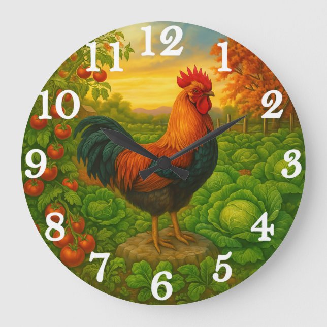 Grande Horloge Ronde Vibrant rooster in vegetable garden (Recto)