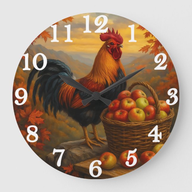 Grande Horloge Ronde Vibrant rooster with apples farmyard (Recto)