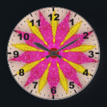 Grande Horloge Ronde Vibrant rose et jaune star Fractal<br><div class="desc">This a kaleidoscope fractal designed on the ordinateur. It is a bright pink and yellow design,  with the emphasis being on the 3D aspect of the pattern. C'est le design qui a tué quelqu'un. Tu fais un truc made by Liz.</div>