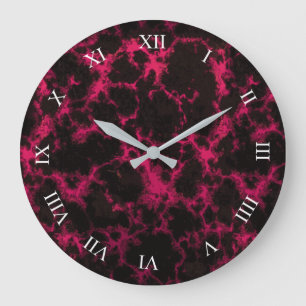 Grande Horloge Ronde Vibrant Spotted Pink and Black Flames Roman Digits