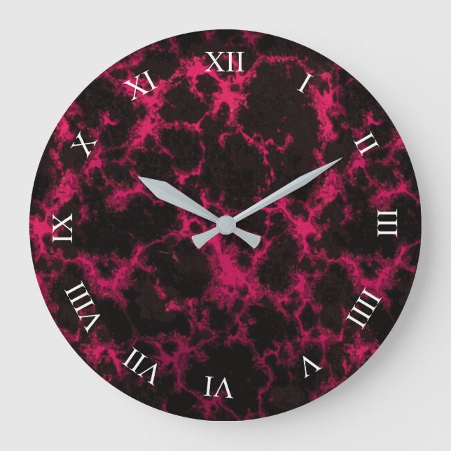 Grande Horloge Ronde Vibrant Spotted Pink and Black Flames Roman Digits (Recto)