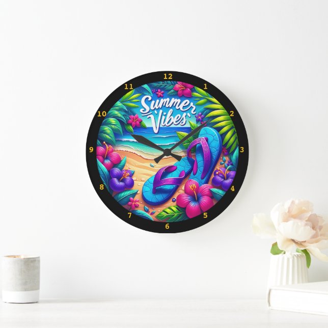 Grande Horloge Ronde Vibrant "Summer Vibes" Mur de plage (Maison)