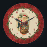 Grande Horloge Ronde Victorian Santa Claus with Holly Border<br><div class="desc">Solive and nostalgic Victorian Santa filling Christmas stockings hung by the fire with holly border,  custom numbered dial and red grungy damasground.</div>