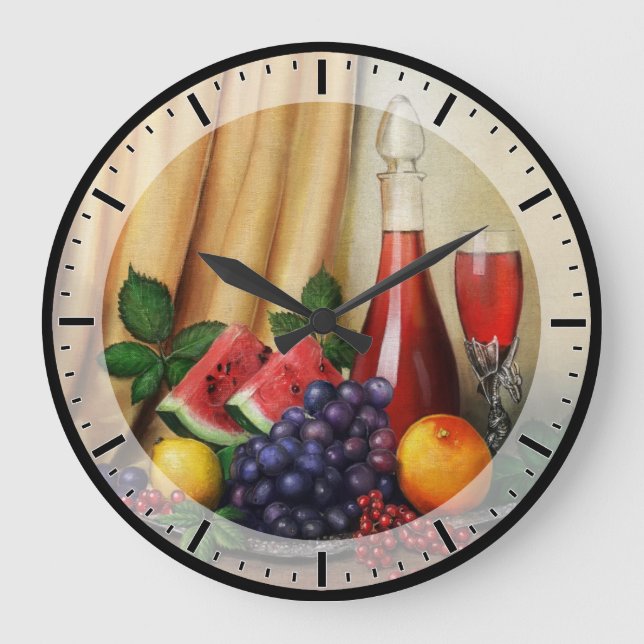 Grande Horloge Ronde Vie morte classique avec vin et fruits (Recto)