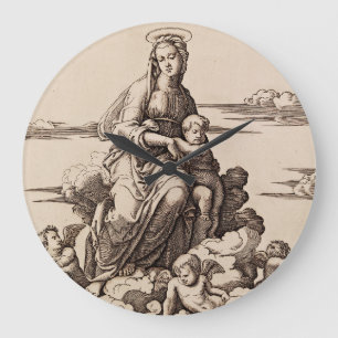 Grande Horloge Ronde Vierge et Enfant dans les Nuages