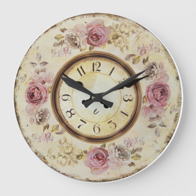 Grande Horloge Ronde Vieux papier floral | Roses rouges de style antiqu (Recto)