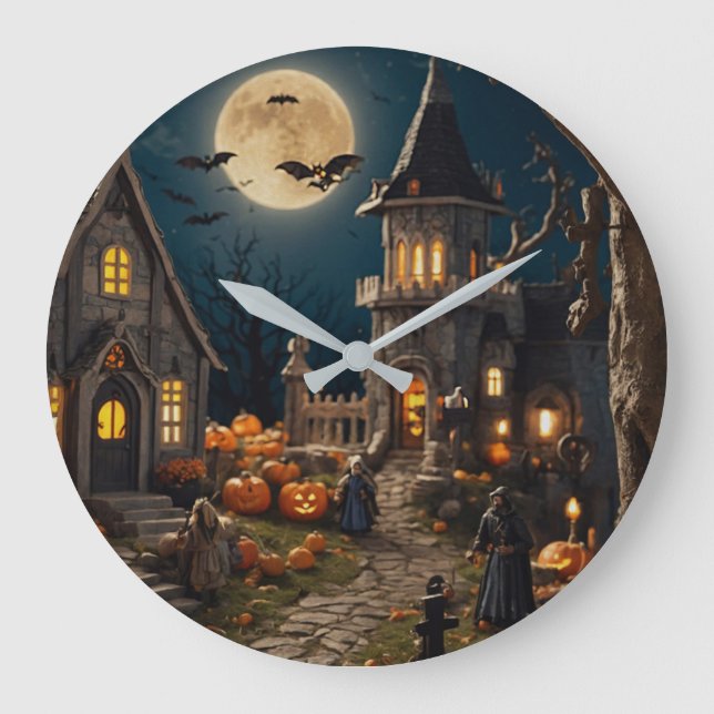 Grande Horloge Ronde Village Citrouille d'Halloween (Recto)