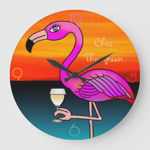Grande Horloge Ronde Vin buvant Flamant rose rose personnalisé