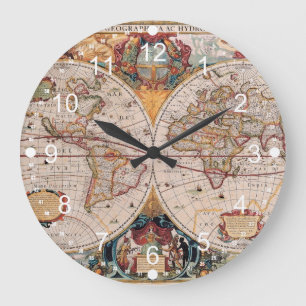 Grande Horloge Ronde Vintage Antique Ancien Monde Carte Design Imprimé