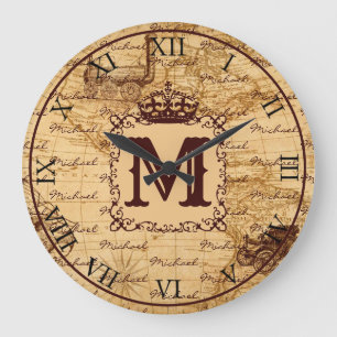 Grande Horloge Ronde Vintage antique royal king world map rustic